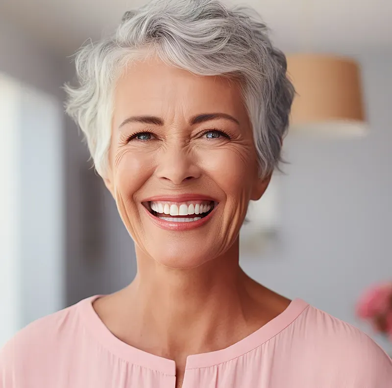 Smiling older woman with short gray hair showing a full, natural-looking smile