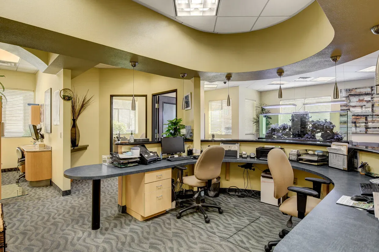 Wide view of the front office and patient check-in area