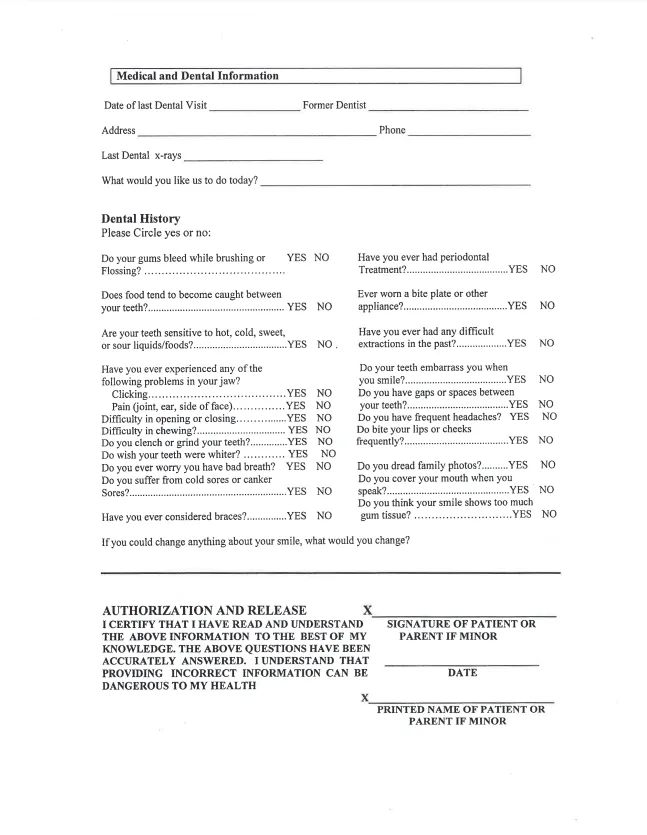 Preview of the medical and dental history form