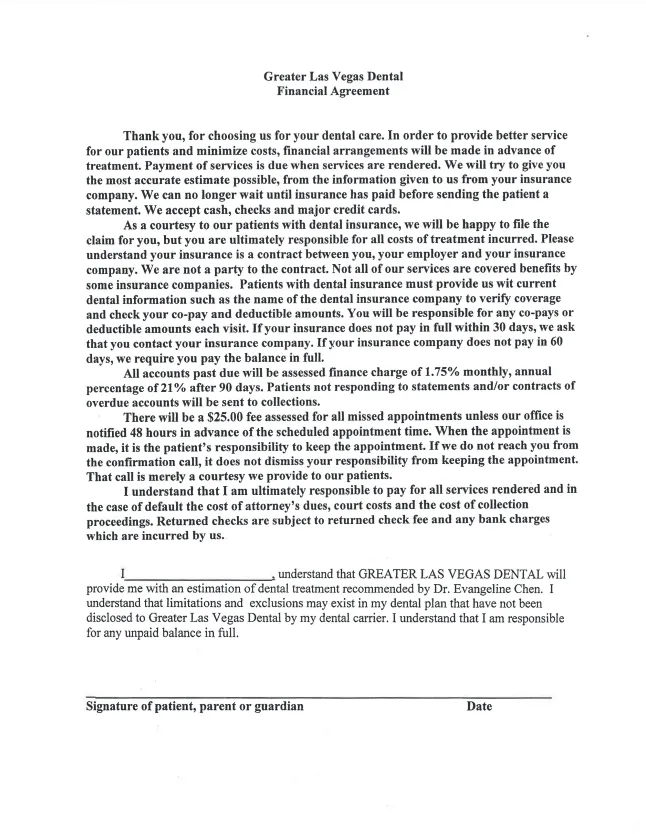 Preview of the financial agreement form